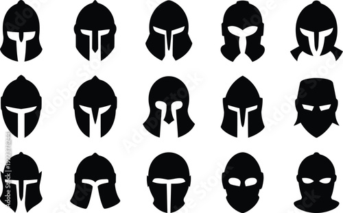 Diverse array of black silhouette ancient warrior helmets displayed clearly on a pristine white surface