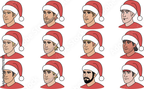 Set of diverse male faces wearing Santa hats, holiday character illustration, Christmas costume avatars, cartoon men festive headwear collection