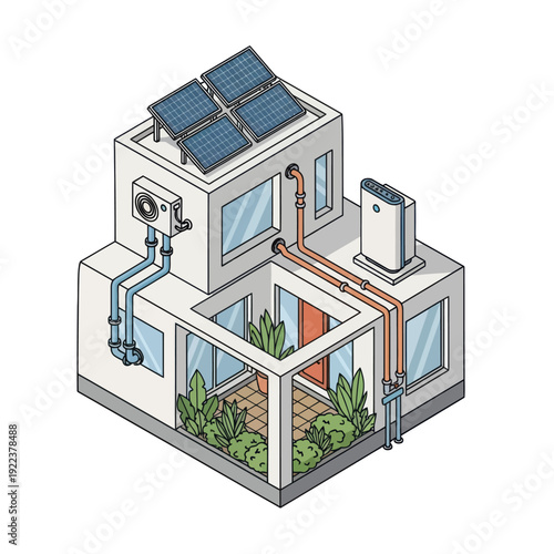 Modern House with Solar Panels and Greenhouse.