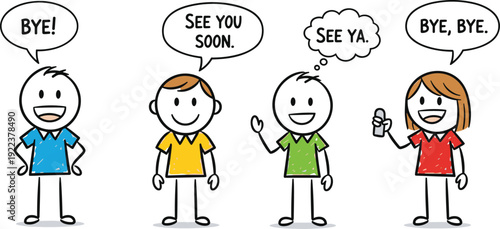 Cartoon farewell stick figure vector illustration set, expressive icons with speech bubbles, playful artwork, decorative graphics, and communication motifs