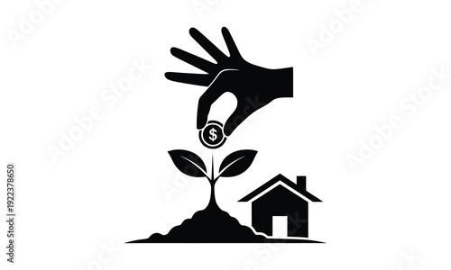 Hand planting coin in seedling for house, investment growth.