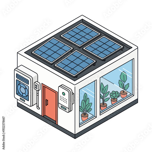 Modern House with Solar Panels and Plants.
