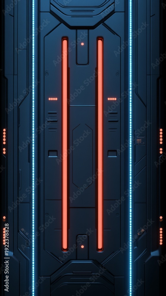 Fototapeta premium Sleek futuristic spaceship with pulsating red lights against deep black cosmos background.