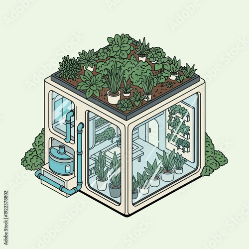 Illustration of Greenhouse with Plants and Equipment.