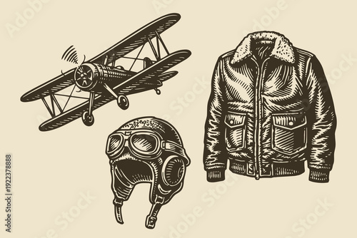 Biplane and pilot gear vintage engraving vector illustration