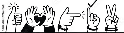 Diverse set of six hand gesture line icons displaying approval, love, direction, and peace concepts
