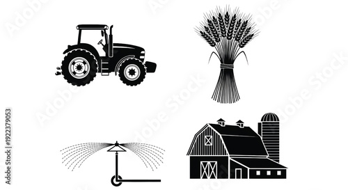 A black and white illustration of farm equipment and buildings