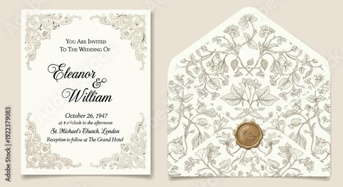 Elegant Wedding Invitation Card and Envelope with Floral Ornamentation.