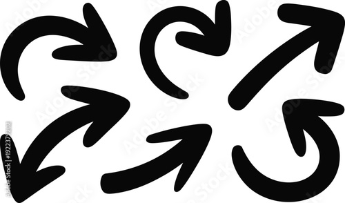 Diverse set of bold black hand drawn arrow shapes indicating various directions and movements