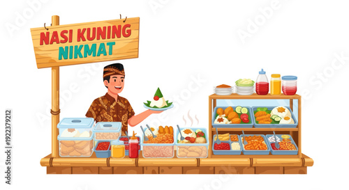 Vibrant Nasi Kuning Street Food Stall with Smiling Vendor.