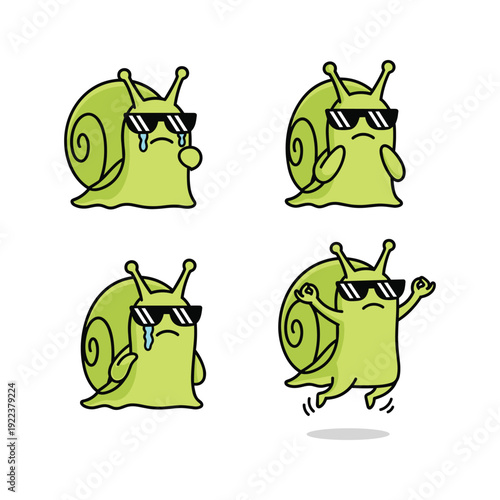 Cartoon snails wearing sunglasses expressing different emotions with copy space