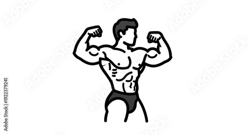 A muscular man flexing his biceps in a classic bodybuilding pose a simple black and white line art icon.