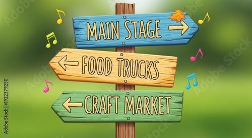 Colorful festival signpost directing to main stage food trucks and craft market with musical notes on green background