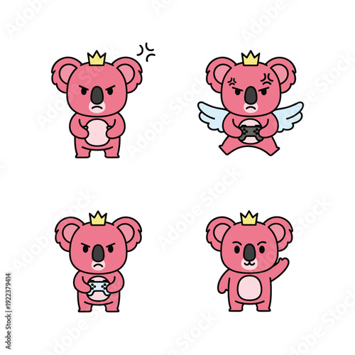 Cartoon koalas with different emotions and accessories standing on white background