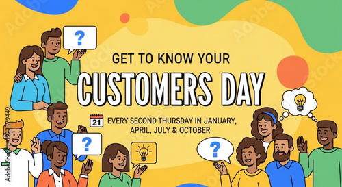 Diverse group of people celebrating get to know your customers day with question marks on yellow background