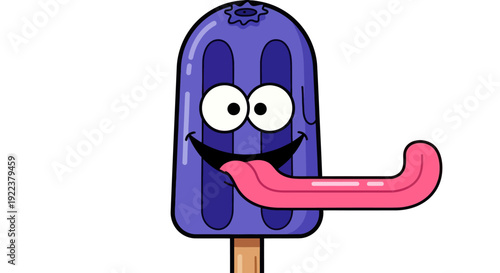 Cartoon Blueberry Popsicle with a Long Pink Tongue Sticking Out.