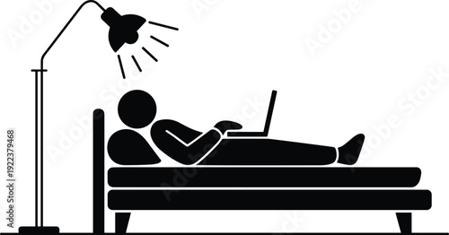 Minimal black silhouette of person working on laptop while lying in bed under floor lamp light, remote work lifestyle and night productivity concept illustration