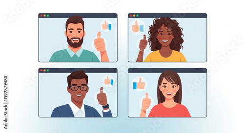 Four diverse people giving thumbs up on video conference calls with smiling faces and hands gestures