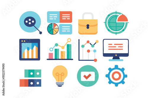 data analytics technology flat icons set vector on white background