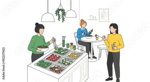 Diverse people selecting fresh ingredients from a vibrant salad bar in a modern cafe setting.