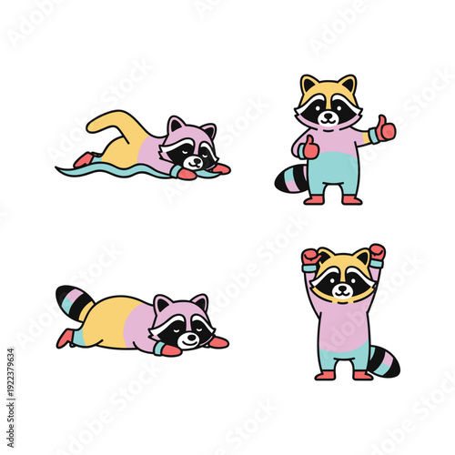 Cartoon raccoons in various poses and outfits with cute expressions