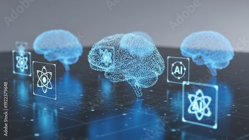 Holographic brain imagery with digital icons, representing science and artificial intelligence