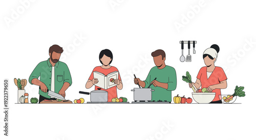 A diverse group of young friends happily cooking a healthy meal together in a kitchen illustration.
