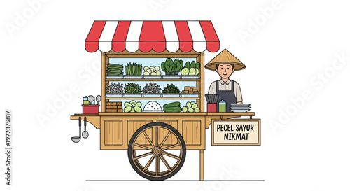 Indonesian Street Food Vendor with Cart and Vegetables.