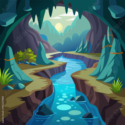 Enchanting underground river flowing through a mystical cave landscape