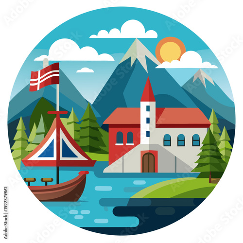 Scandinavian Village with Viking Ship and Mountains