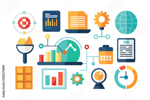 data analytics technology flat icons set vector on white background