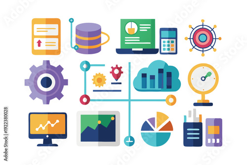data analytics technology flat icons set vector on white background