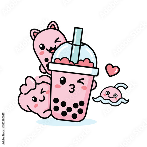 Cute cartoon bear characters with boba tea drink and hearts on white background