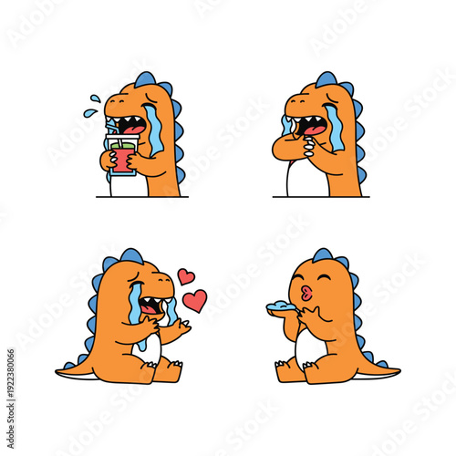 Crying cartoon dinosaur drinking water set with emotions and heart