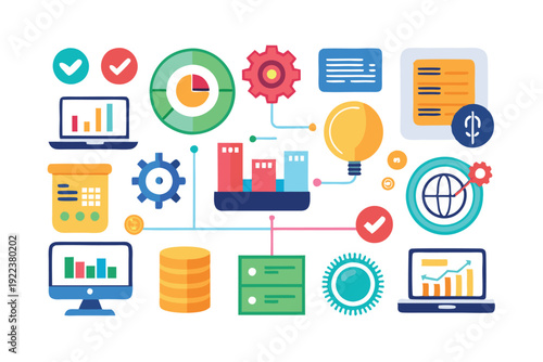 data analytics technology flat icons set vector on white background