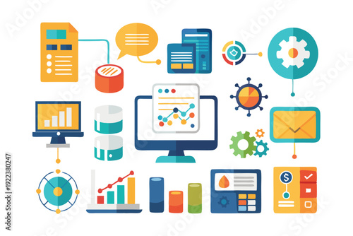 data analytics technology flat icons set vector on white background