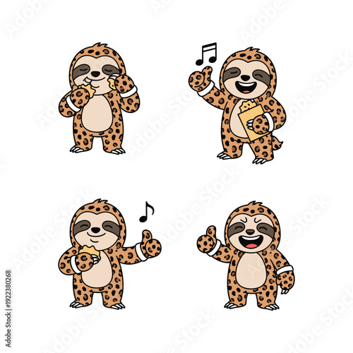 Cute cartoon sloth characters singing and dancing in leopard print costumes with musical notes