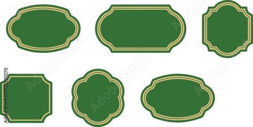 Ornamental silhouette illustration of decorative label frames with green fill and gold outline for packaging, branding, invitations, certificates, and graphic design projects