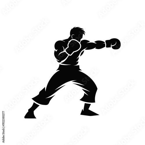 Silhouette Boxer Throwing Punch in Strong Fighting Stance, Side Profile, Dynamic Movement