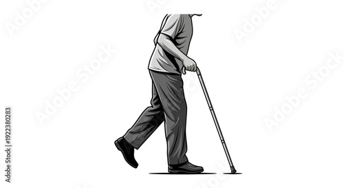 Elderly Man Walking with Cane.