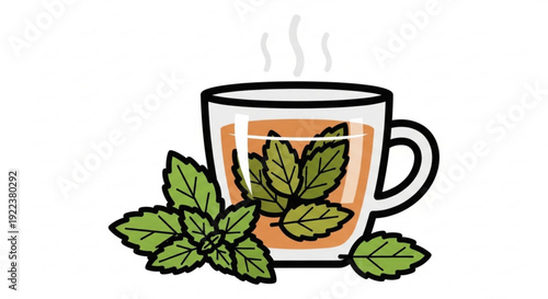 Steaming cup of herbal tea with fresh mint leaves on white background warm beverage relaxing drink soothing herbal infusion tea time calming moment