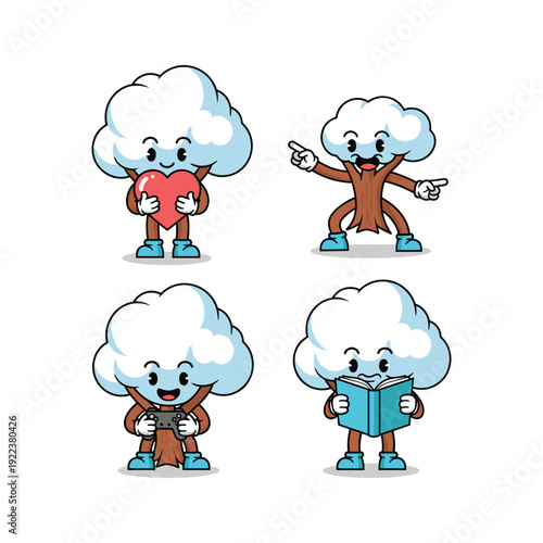 Cartoon cloud characters in various poses and activities with copy space