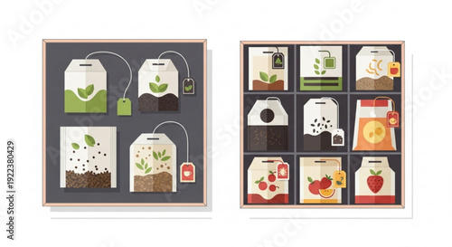 Tea bags with various fruits and plants on a dark background creative packaging designs