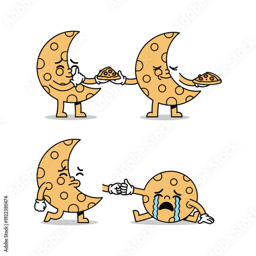 Crescent moon characters sharing pizza and experiencing emotional moments in a cartoonish style