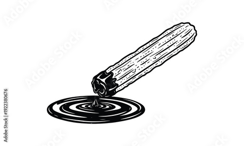 Traditional churro snack dipping into chocolate sauce vector drawing