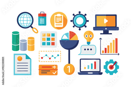 data analytics technology flat icons set vector on white background