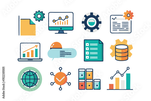 data analytics technology flat icons set vector on white background