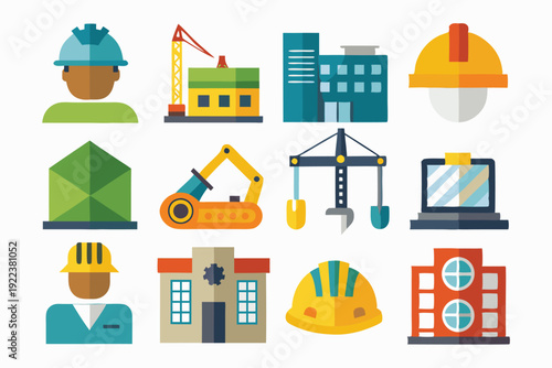 construction icons flat set vector on white background