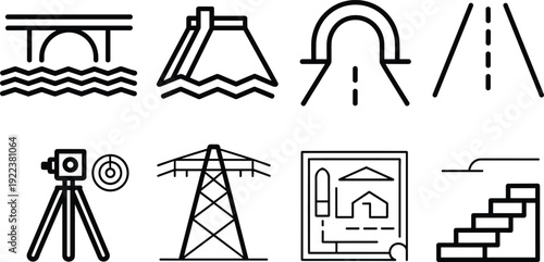 Set of eight engineering and construction icons, bridge, tunnel, road, surveying equipment, power tower, blueprint, staircase, infrastructure symbols
