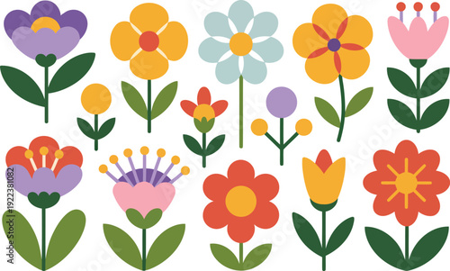 Fifteen charming multicolored stylized flowers and budding plants with green stems on a clean white field